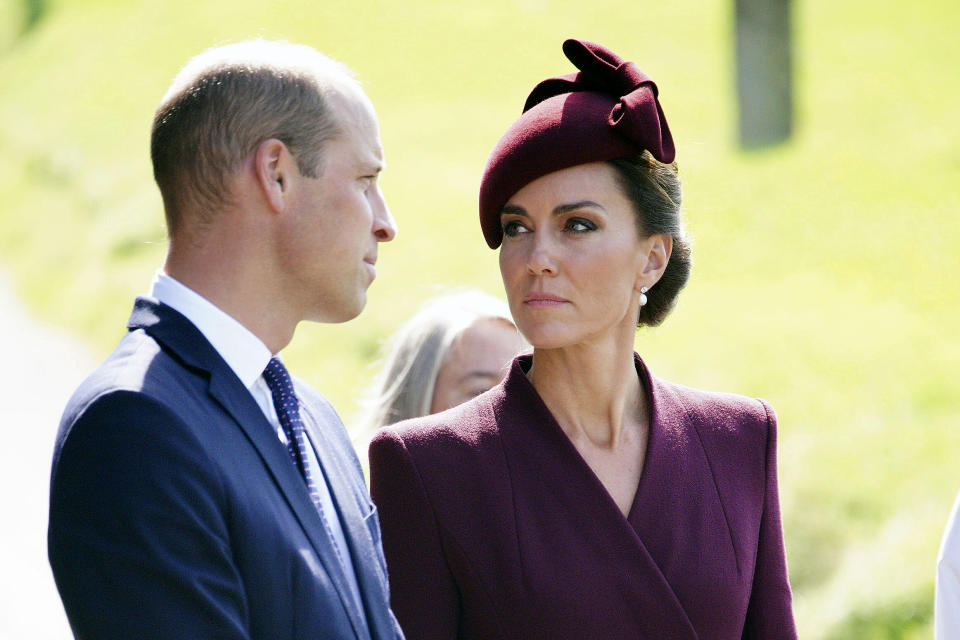 Britain's Prince William, left, and Kate, Princess of Wales, arrive at St Davids Cathedral for a commemoration on the first anniversary of Queen Elizabeth's death, in St. Davids, Wales, Britain, Friday, Sept. 8, 2023. (Ben Birchall/PA via AP)