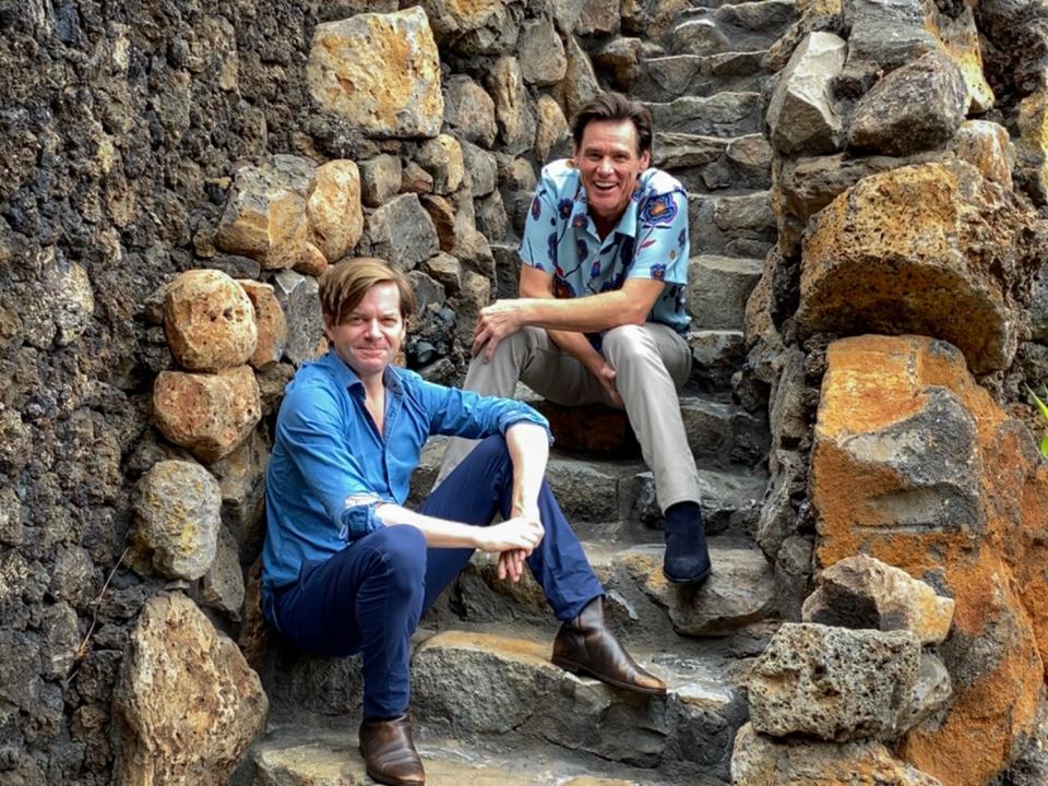 Jim Carrey, right, with co-author Dana Vachon, in promotion of their new novel, "Memoirs and Misinformation."