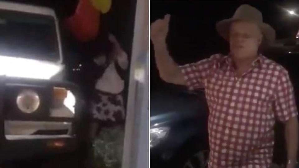A video of a woman trying to take down an Aboriginal flag outside an Indigenous artist's house in Mildura (left) has gone viral. On the right is a man who is also featured in the video.