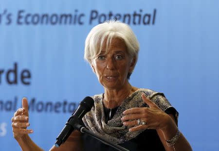 International Monetary Fund (IMF) Managing Director Christine Lagarde gestures during a speech at a public lecture at the University of Indonesia in Jakarta September 1, 2015. REUTERS/Nyimas Laula