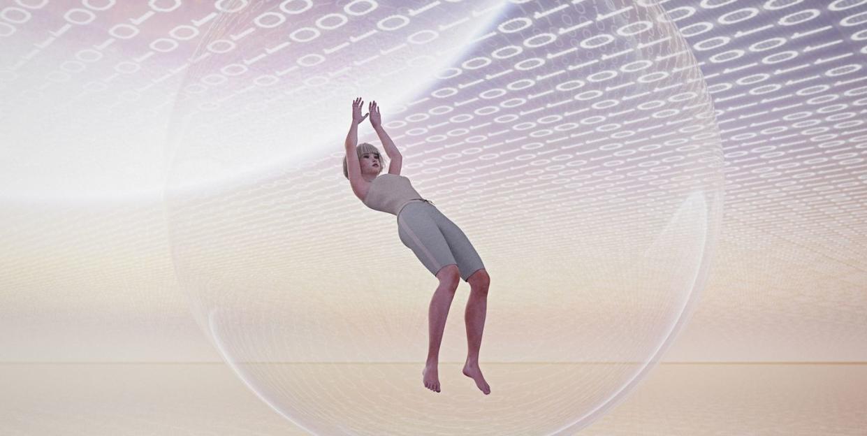 woman floating in sphere in binary code