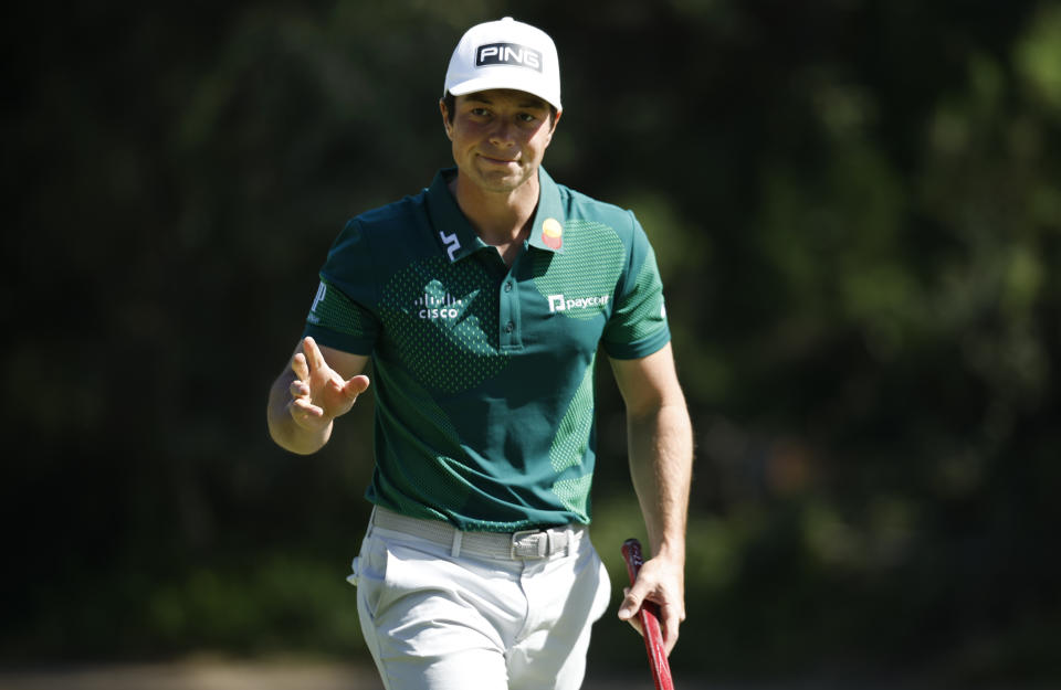 Viktor Hovland of Norway reacts to a putt on the 13th green during the final round of the Genesis Invitational at Riviera Country Club on February 19, 2023 in Pacific Palisades, California. (Photo by Cliff Hawkins/Getty Images)