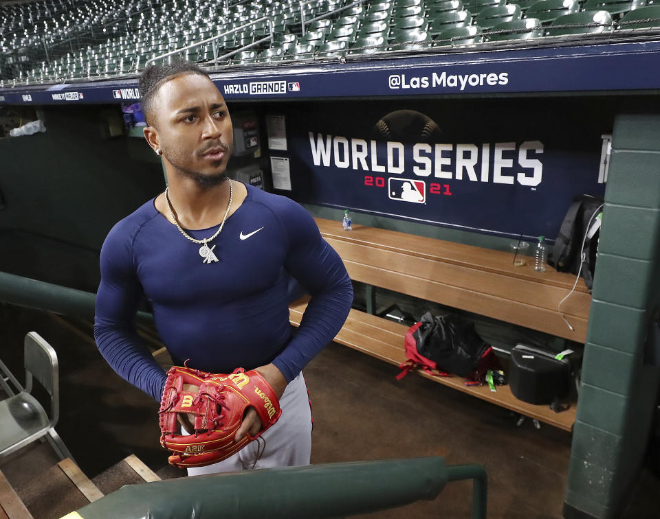 Atlanta Braves second baseman Ozzie Albies looks over Minute Maid Park as he arrives for team practice the day before playing the Houston Astros in Game 1 of the World Series, Monday, Oct. 25, 2021, in Houston. (Curtis Compton/Atlanta Journal-Constitution via AP)