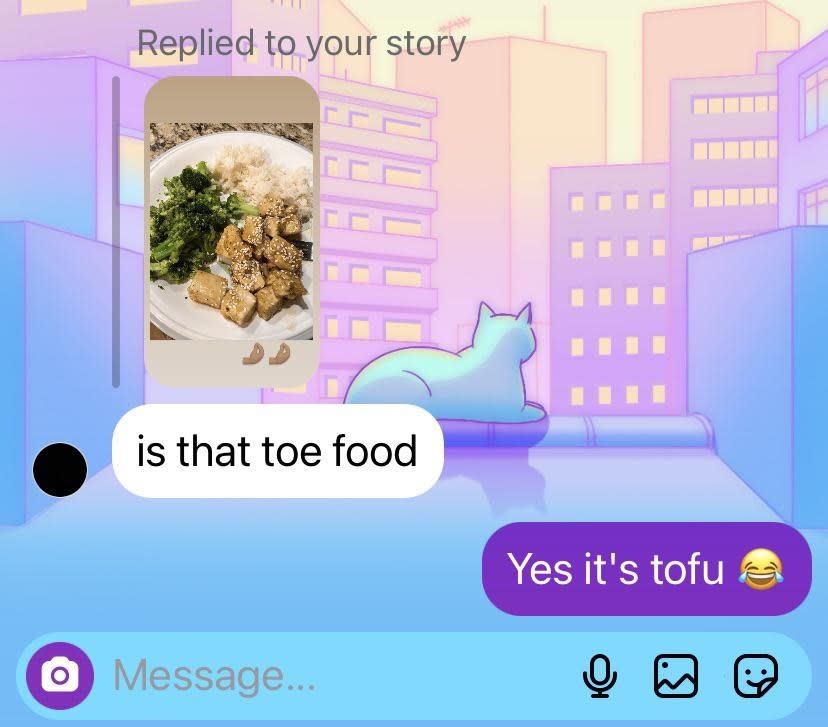 person saying toe food instead of tofu