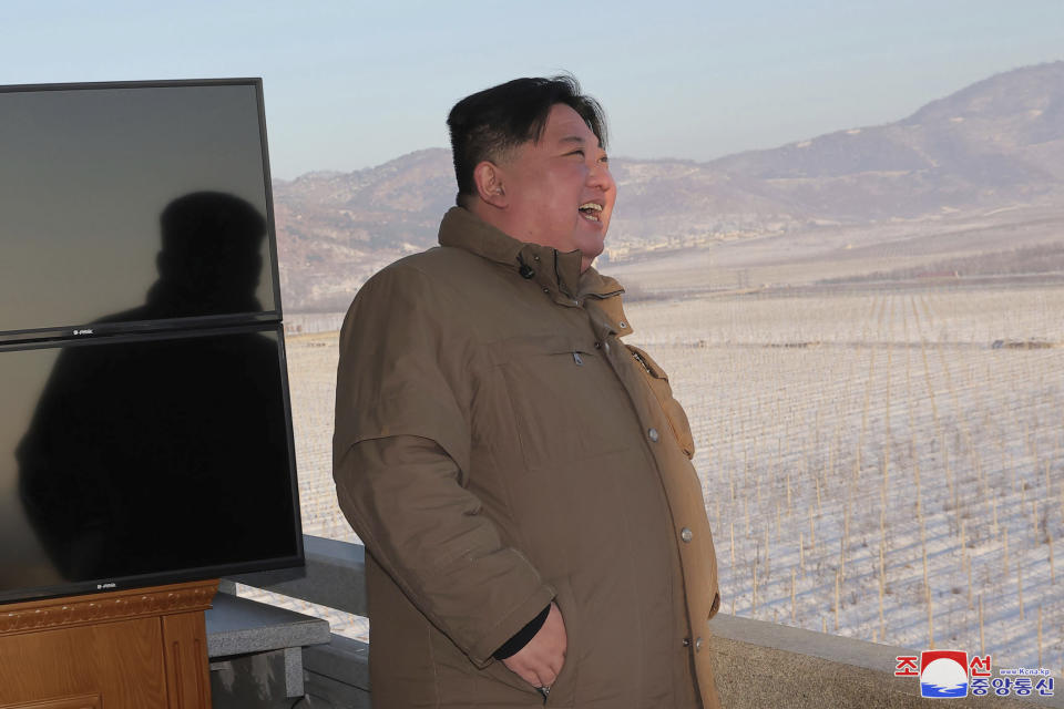 In this undated photo provided Monday, Dec. 18, 2023, by the North Korean government, North Korean leader Kim Jong Un watches a test launch of what it says is an intercontinental ballistic missile from an undisclosed location in North Korea. Independent journalists were not given access to cover the event depicted in this image distributed by the North Korean government. The content of this image is as provided and cannot be independently verified. Korean language watermark on image as provided by source reads: "KCNA" which is the abbreviation for Korean Central News Agency. (Korean Central News Agency/Korea News Service via AP)