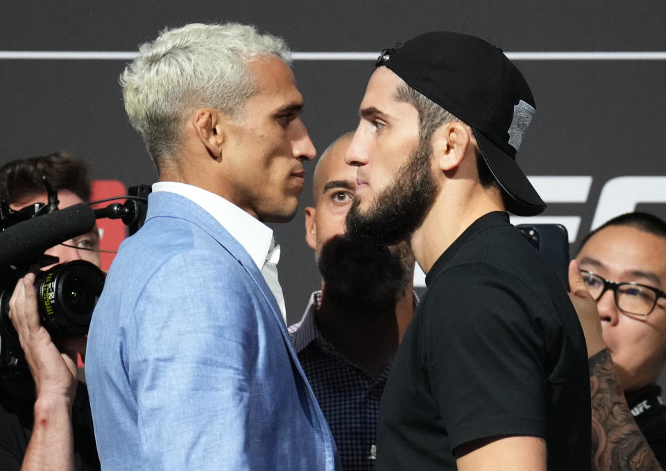 ABU DHABI, UNITED ARAB EMIRATES - OCTOBER 20: (L-R) Opponents Charles Oliveira of Brazil and Islam Makhachev of Russia face off during the UFC 280 press conference at Etihad Arena on October 20, 2022 in Abu Dhabi, United Arab Emirates. (Photo by Chris Unger/Zuffa LLC)