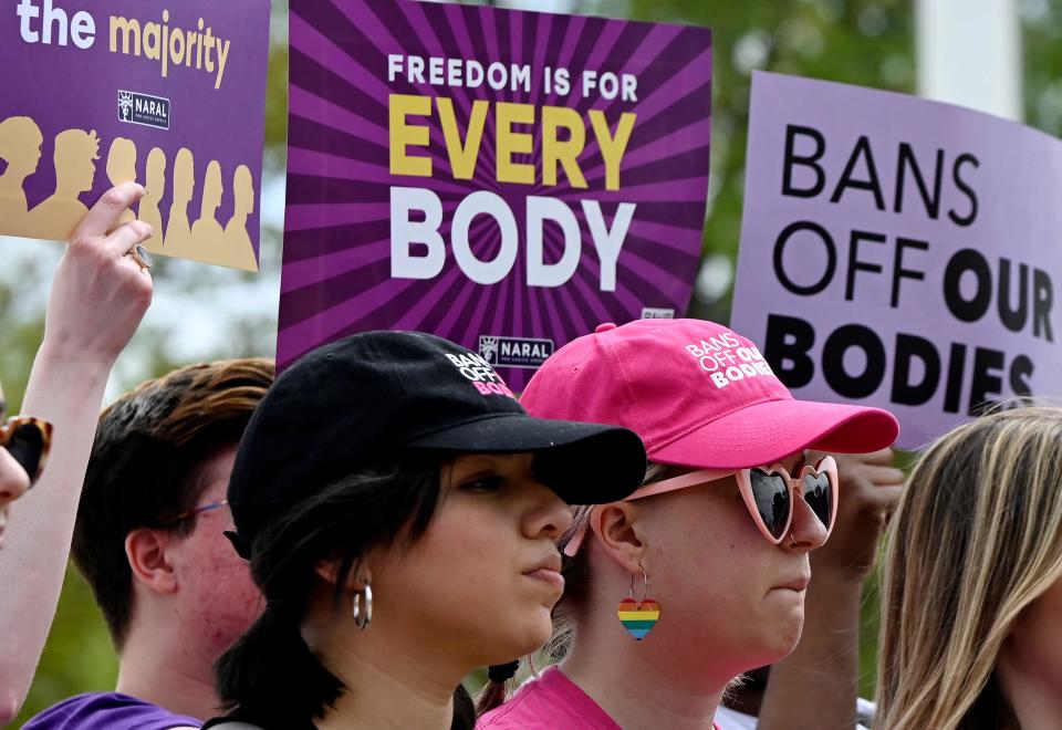 Abortion rights advocates rally outside the US Supreme Court on April 14, 2023, in Washington, DC, speaking out over abortion pill restrictions. - The US Justice Department said April 13, it will go to the Supreme Court to appeal restrictions imposed on mifepristone, a widely used abortion pill, in the latest round of a fierce battle over reproductive rights. (Photo by OLIVIER DOULIERY / AFP) (Photo by OLIVIER DOULIERY/AFP via Getty Images) ORIG FILE ID: AFP_33D876A.jpg