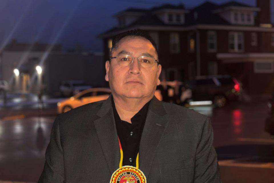 Oglala Sioux Tribe President Frank Star Comes Out, stands outside the Andrew W. Bogue Federal Building and U.S. Courthouse in Rapid City, S.D. on Feb. 8, 2023. Some of his family members strongly supported the AIM, including his mother and father. He said it's important to fight for his people, who survived genocide. “That’s why I support AIM, not only on a family level,” he said. “I have a lot of pride in who I am as a Lakota. … Times (have) changed. Now I’m using my leadership to help our people rise, to give them a voice. And I believe that’s important for Indian Country.” (Kalle Benallie/Indian Country Today via AP)