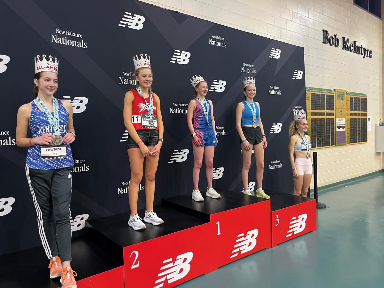 Corning senior Sarah Lawson, second from right, finished third in the girls 3,000-meter run at the New Balance Indoor Nationals in Boston on March 8, 2024.