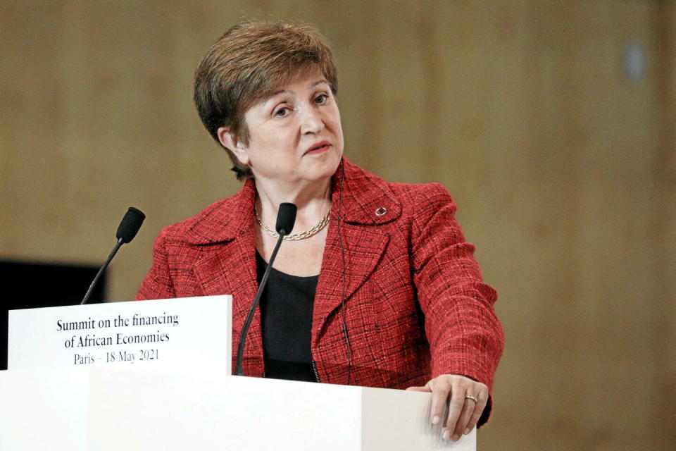 La directrice générale du Fonds monétaire international (FMI), Kristalina Georgieva, lors de la conférence de presse à l'issue de la séance plénière du Sommet sur le financement des économies africaines au Grand Palais éphémère à Paris, le 18 mai 2021.  - Credit:Stephane Lemouton-POOL/SIPA / SIPA / Stephane Lemouton-POOL/SIPA