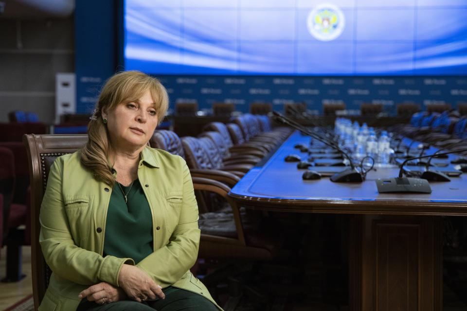 In this photo taken on Tuesday, Aug. 27, 2019, Ella Pamfilova, head of Russian Central Election Commission speaks during an interview with the Associated Press in Moscow, Russia. Pamfilova has defended the commission's decision to bar nearly two dozen candidates from running in a local Moscow election, which sparked a full-blown political crisis, but conceded that current election legislation is outdated and needs to be amended. (AP Photo/Alexander Zemlianichenko)