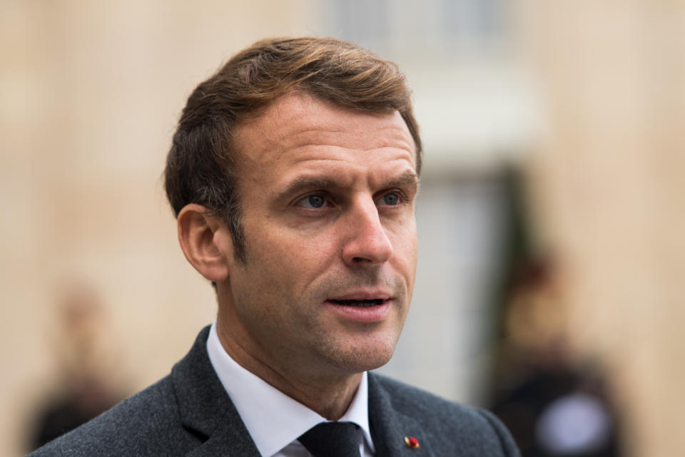 French President Emmanuel Macron during a joint press conference with Estonian PM Kaja Kallas, in the court of the Elysee Palace, in Paris, 24 November, 2021. (Photo by Andrea Savorani Neri/NurPhoto via Getty Images)