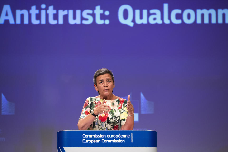 European Antitrust Commissioner Margrethe Vestager talks to journalists during a news conference at the European Commission headquarters in Brussels, Thursday, July 18, 2019. The European Union has fined U.S. chipmaker Qualcomm $271 million, accusing it of "predatory pricing". (AP Photo/Francisco Seco)