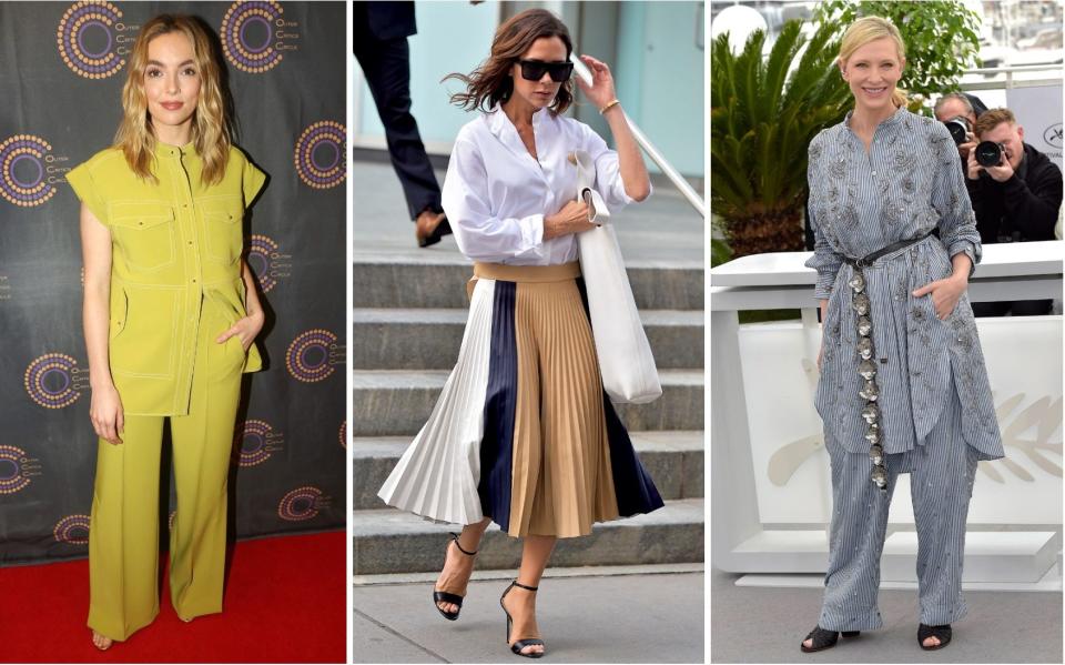 'A well-ironed collarless shirt will get you past most doors,' says Lisa (from left: Jodie Comer, Victoria Beckham and Cate Blanchett)