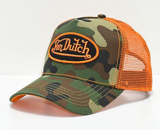 A orange and army camo trucker hat 