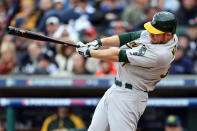 Brandon Moss #37 of the Oakland Athletics hits a single in the top of the third inning against the Detroit Tigers during Game Two of the American League Division Series at Comerica Park on October 7, 2012 in Detroit, Michigan. (Photo by Leon Halip/Getty Images)