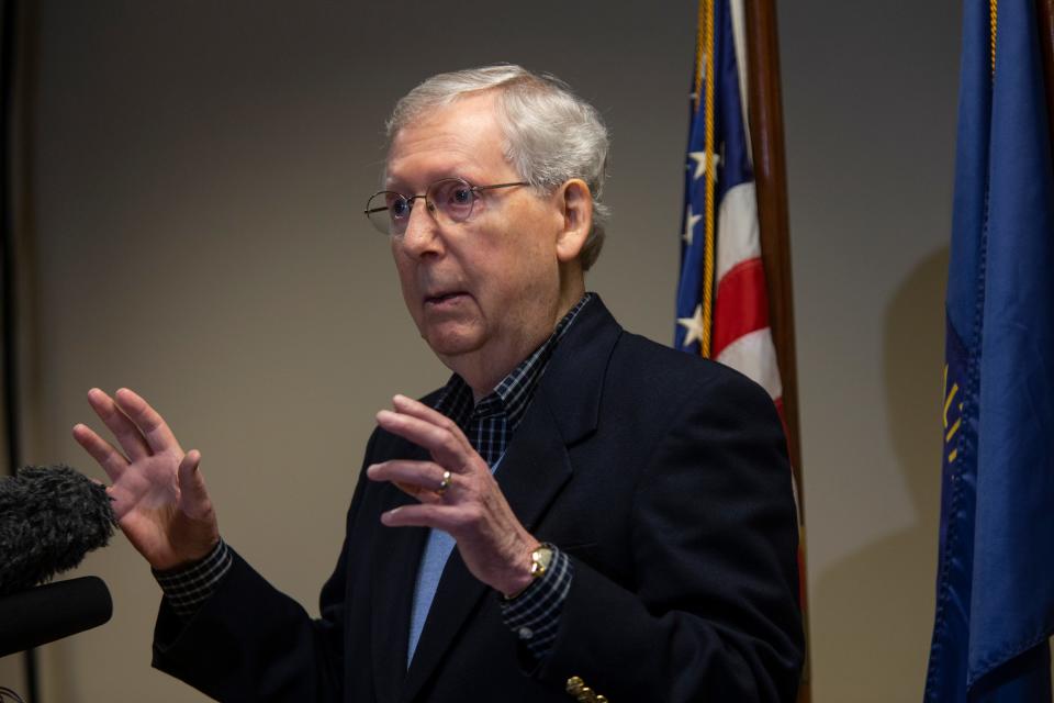 Senator Mitch McConnell speaks during a press conference today to discuss funding for he new Veteran's Hospital in Louisville. March 4, 2019.