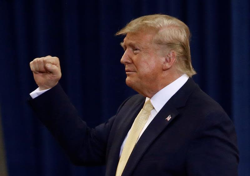 US President Donald J. Trump gestures to supporters during a campaign rally inside the Sudduth Coliseum in Lake Charles, Louisiana, USA, 11 October 2019. EFE/EPA/LARRY W. SMITH