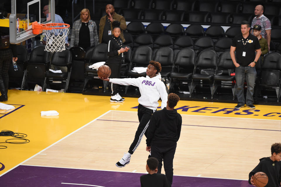 LOS ANGELES, CA - DECEMBER 28: LeBron James Jr. shoots around after a game between the LA Clippers and the Los Angeles Lakers on December 28, 2018 at STAPLES Center in Los Angeles, California. NOTE TO USER: User expressly acknowledges and agrees that, by downloading and/or using this photograph, user is consenting to the terms and conditions of the Getty Images License Agreement. Mandatory Copyright Notice: Copyright 2018 NBAE (Photo by Adam Pantozzi/NBAE via Getty Images)