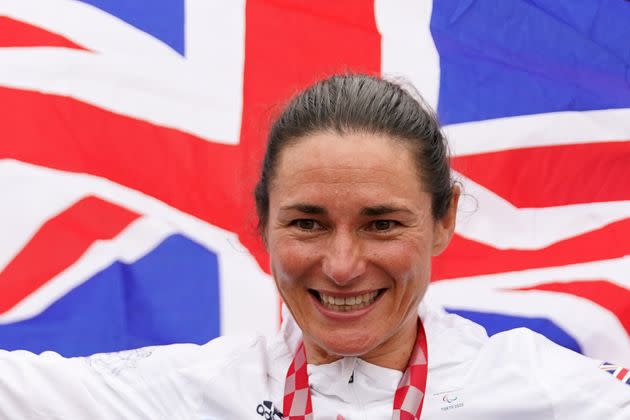 <strong>Great Britain's Sarah Storey celebrates with the gold medal in the Women's C5 time trial.</strong> (Photo: Tim Goode - PA Images via Getty Images)