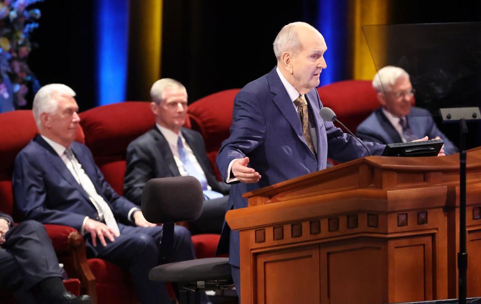 President Russell M. Nelson of The Church of Jesus Christ of Latter-day Saints speaks during the funeral service for Sister Patricia T. Holland at the Conference Center Theater in Salt Lake City on Friday, July 28, 2023. | Jeffrey D. Allred, Deseret News