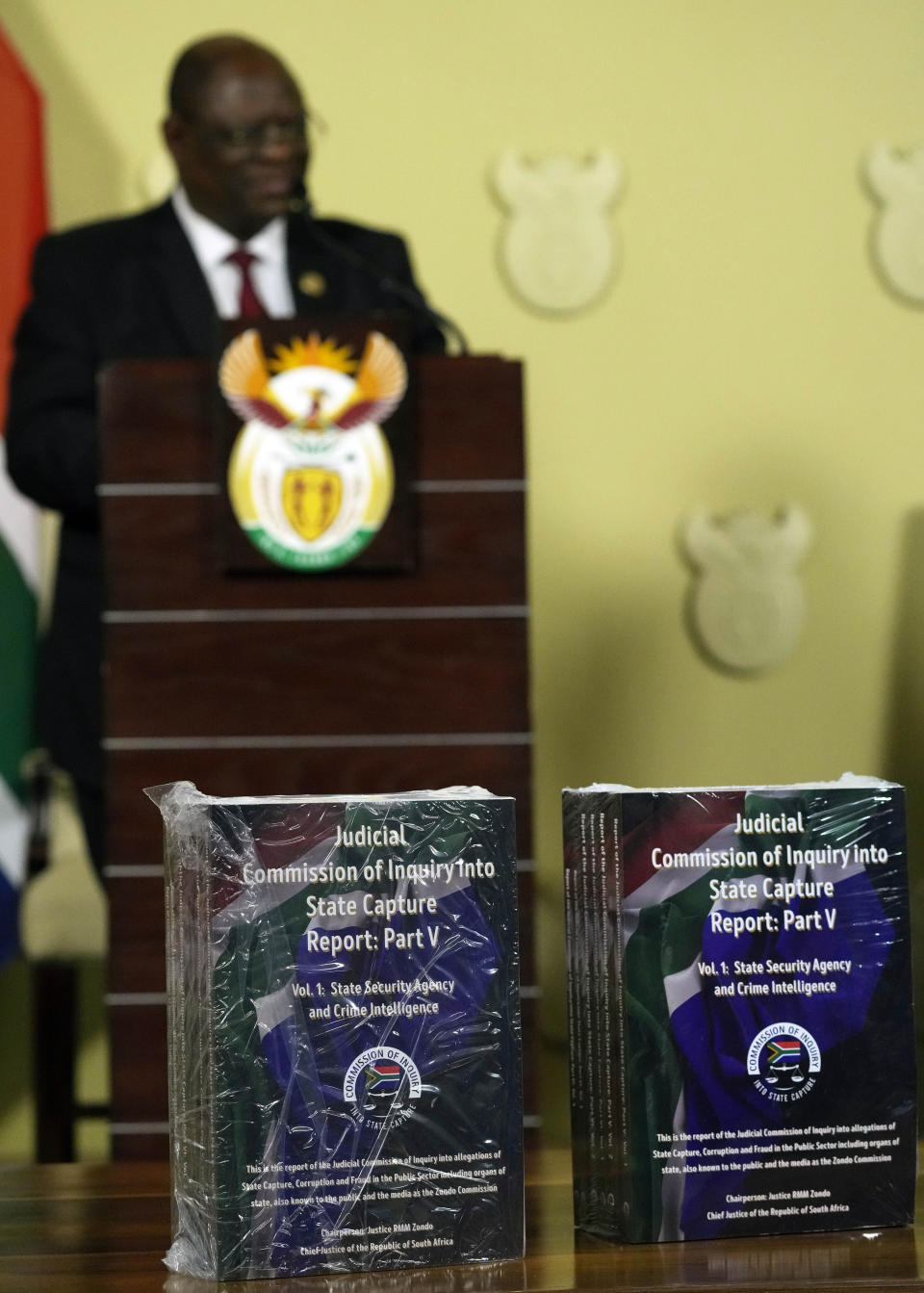 Chief Justice Raymond Zondo speaks during the handing over of the final report of a judicial investigation into corruption to the South Africa's President Cyril Ramaphosa, at Union Building in Pretoria, South Africa, Wednesday, June 22, 2022. The probe has laid bare the rampant corruption in government and state-owned companies during former President Jacob Zuma’s tenure from 2009 to 2018. (AP Photo/Themba Hadebe)