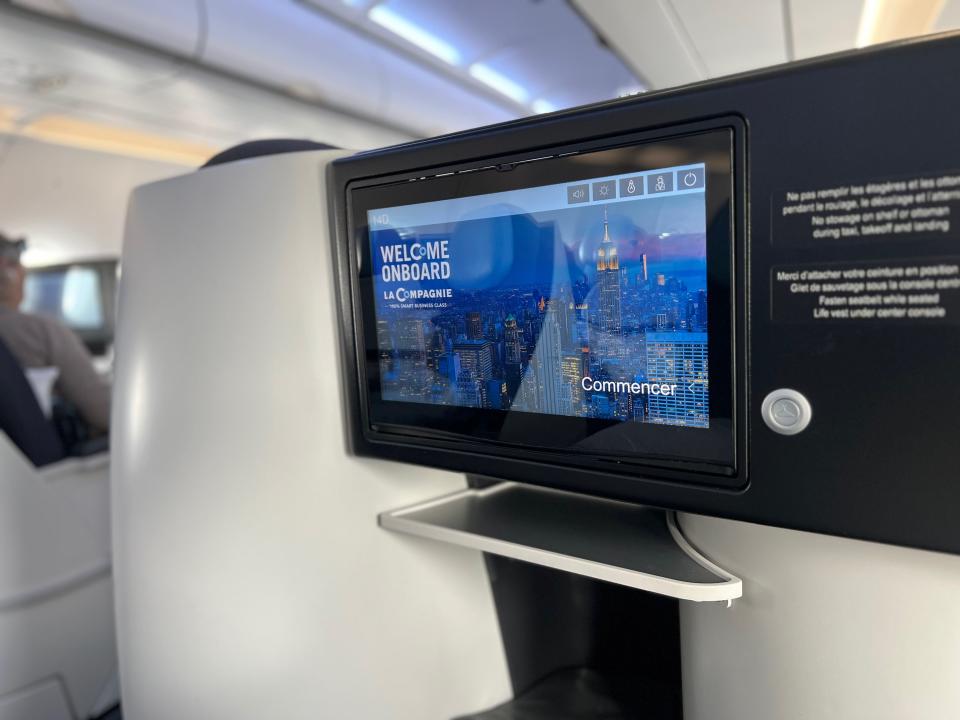 Flying on La Compagnie all-business class airline from Paris to New York — the flatscreen TV.