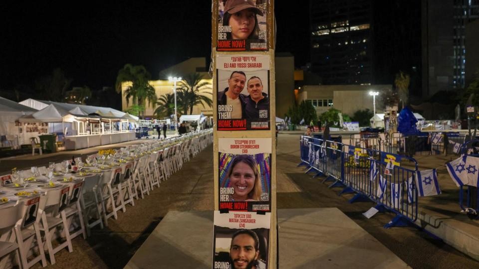 PHOTO: Portraits of Israeli hostages, held in Gaza since the October 7 attack, are displayed next to an installation outside the Tel Aviv Museum of Art, now informally called the 'Hostages Square', in Tel Aviv, Dec. 15, 2023. (Ahmad Gharabli/AFP via Getty Images)