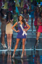 Miss USA 2012, Olivia Culpo, is announced as one of the top sixteen contestants in her Sherri Hill dress and Chinese Laundry shoes during this year's LIVE NBC Telecast of the 2012 Miss Universe Competition at PH Live in Las Vegas, Nevada on December 19, 2012. HO/Miss Universe Organization L.P., LLLP