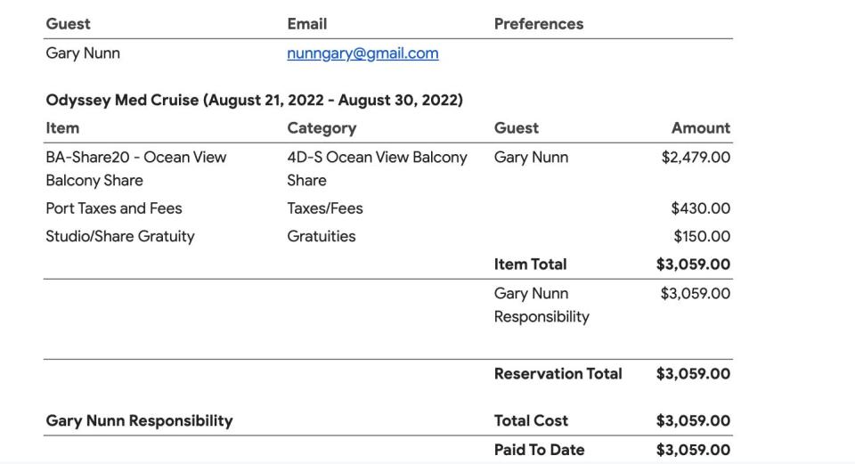 the writer's cruise receipt