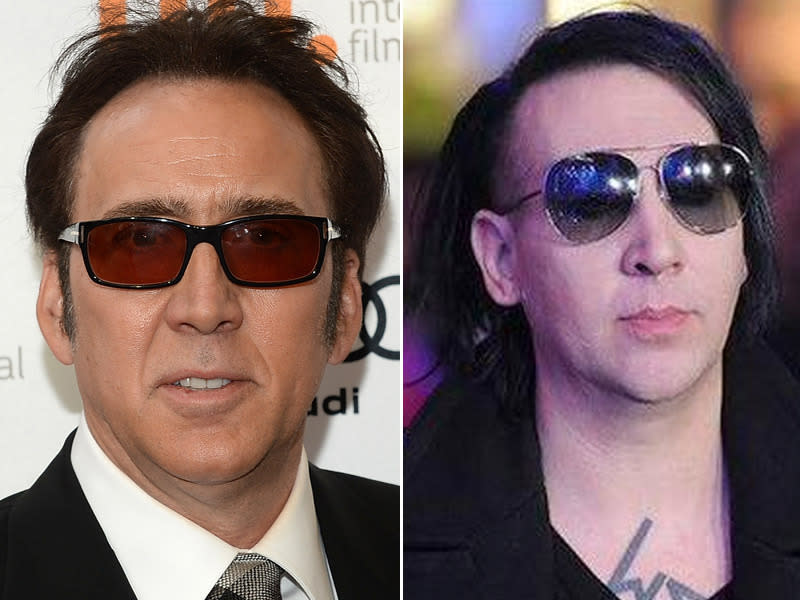 DOPPELGÄNGER-ALARM Nicolas Cage trägt solchen auffälligen Körperschmuck eher nicht. Ob er auf der Straße trotzdem schon mal mit dem Skandal-Musiker verwechselt wurde? Bestimmt, denn die Ähnlichkeit ist, von der Gesichtsfarbe und dem Haarschnitt abgesehen, ist nicht von der Hand zu weisen! (Bilder: Getty Images, imgur.com)