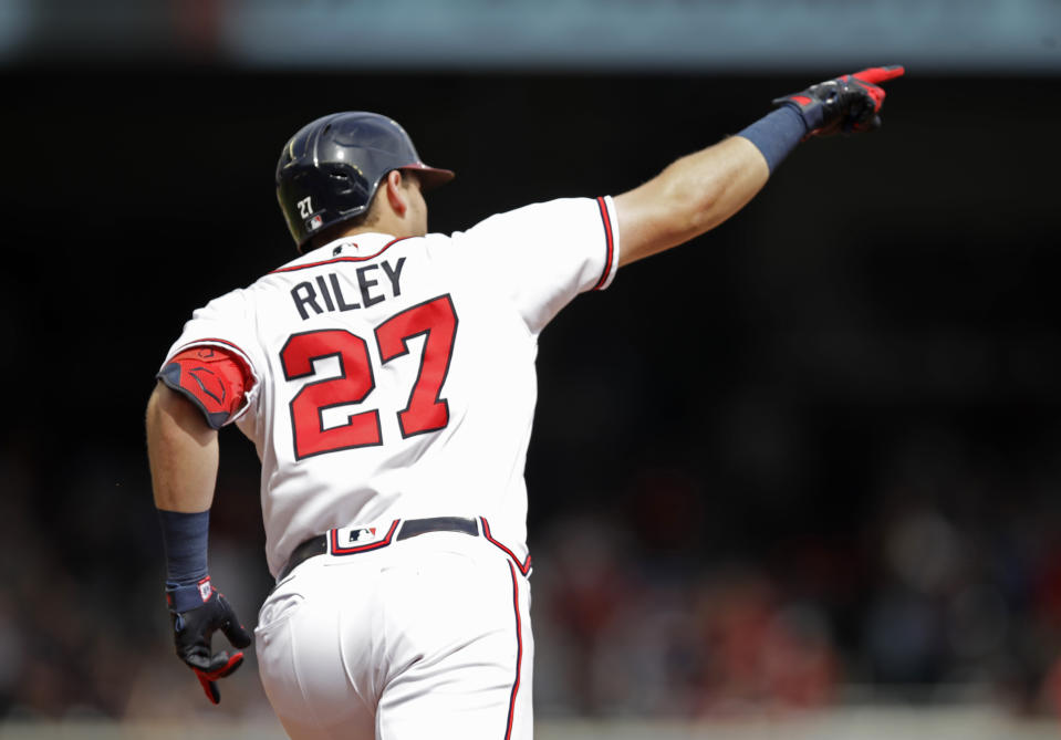 Atlanta Braves' Austin Riley celebrates after hitting a two-run home run off Washington Nationals' Patrick Corbin in the first inning of a baseball game Saturday, July 9, 2022, in Atlanta. (AP Photo/Ben Margot)