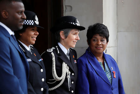 Doreen Lawrence and Cressida Dick, the Commissioner of the Metropolitan Police, arrive at a service at St Martin-in-The Fields to mark 25 years since Doreen Lawrence's son Stephen was killed in a racially motivated attack, in London, Britain, April 23, 2018. REUTERS/Peter Nicholls