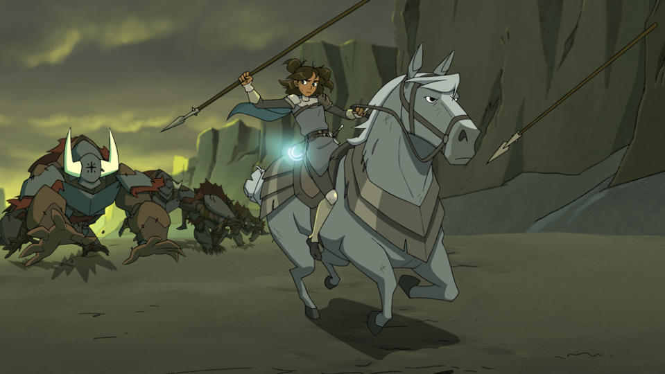 A still from Centaurworld shows a young girl Rider on her horse running through a desolate landscape