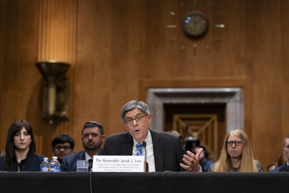 Jacob Lew, former treasury secretary under President Barack Obama, testifies during a Senate Foreign Relations Committee hearing to examine his nomination as Ambassador to the State of Israel, Wednesday, Oct. 18, 2023, in Washington. (AP Photo/Stephanie Scarbrough)