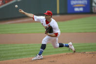 St. Louis Cardinals starting pitcher Jack Flaherty (22) delivers during the first inning of a baseball game against the Cleveland Indians, Saturday, Aug. 29, 2020, in St. Louis. (AP Photo/Scott Kane)