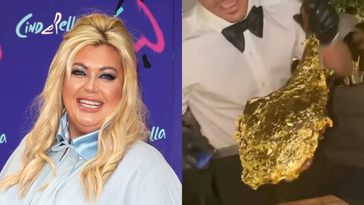 Gemma Collins wasn't afraid to splash out to try the 24k Golden Tomahawk steak. (Tim P. Whitby/Getty Images/Instagram/Gemma Collins)