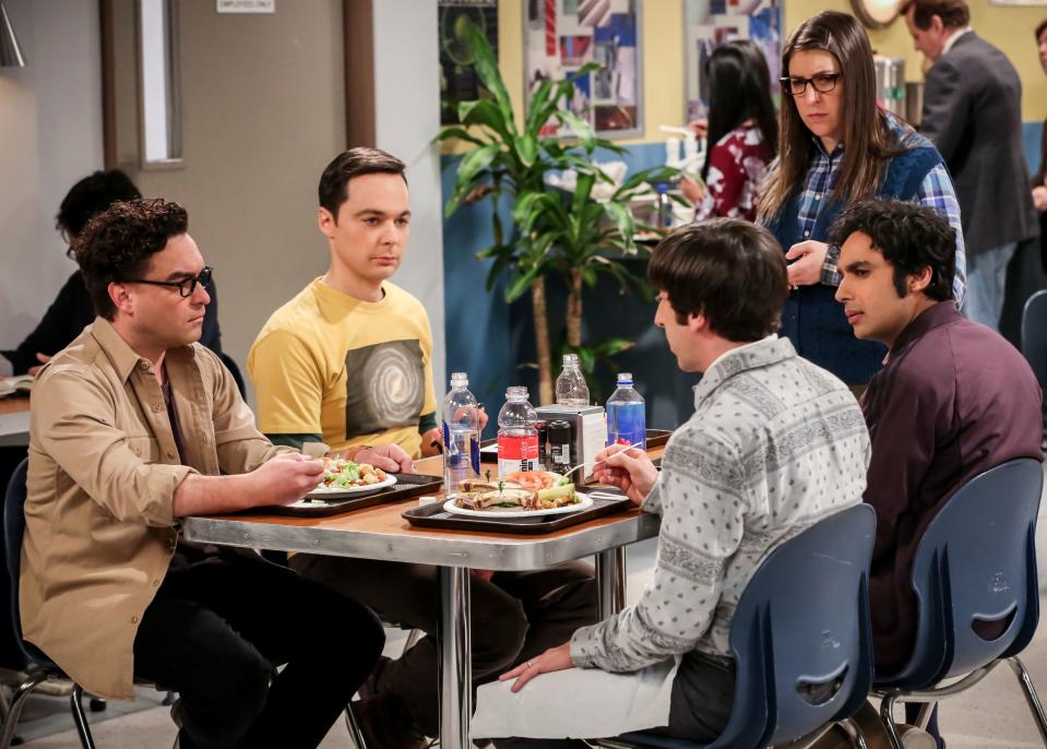 "The Inspiration Deprivation" -- Pictured: Leonard Hofstadter (Johnny Galecki), Sheldon Cooper (Jim Parsons), Amy Farrah Fowler (Mayim Bialik), Howard Wolowitz (Simon Helberg) and Rajesh Koothrappali (Kunal Nayyar). The concept of what it would mean for women everywhere if Amy were to win a Nobel Prize causes Amy to have a meltdown. Also, Koothrappali and Wolowitz try to relive the good old days after Wolowitz buys a scooter that looks like the one he had years ago, on THE BIG BANG THEORY, Thursday, April 18 (8:00-8:31 PM, ET/PT) on the CBS Television Network. Oscar-winning actress Regina King returns as Janine. Photo: Michael Yarish/Warner Bros. Entertainment Inc. Ã‚Â© 2019 WBEI. All rights reserved.