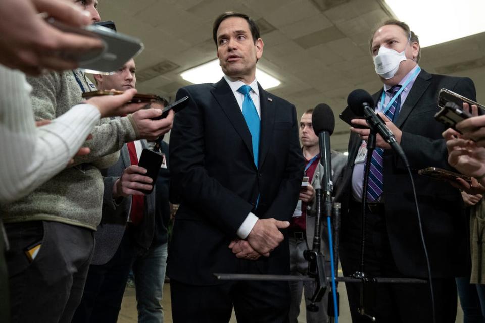Sen. Marco Rubio speaks to reporters after he attended a closed-door briefing for senators about the Chinese spy balloon at the U.S. Capitol in February.