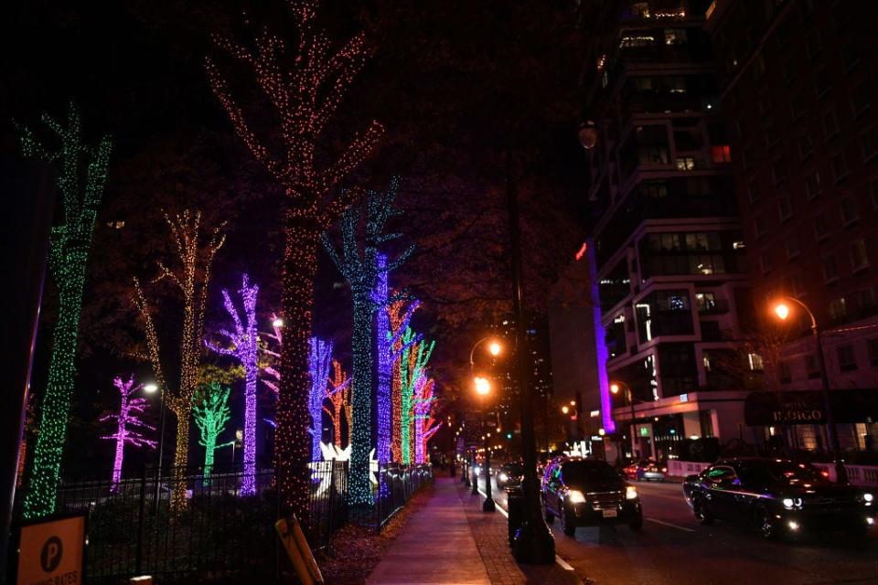 Christmas lights on trees on Peachtree Street in Atlanta, Georgia