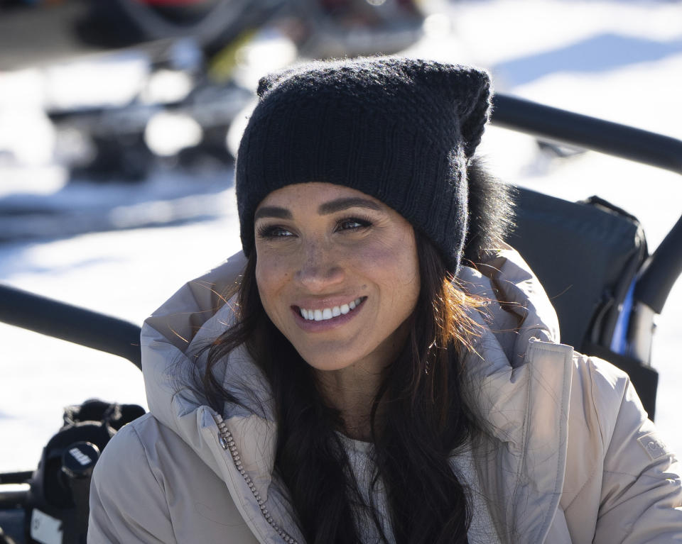 Meghan Markle, The Duchess of Sussex, meets with athletes during the Invictus Games training camp in Whistler, British Columbia, on Wednesday, Feb. 14, 2024. (Ethan Cairns/The Canadian Press via AP)