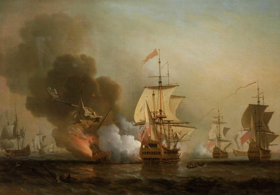 A British tallship blows away a Spanish galleon in an 18th-century painting