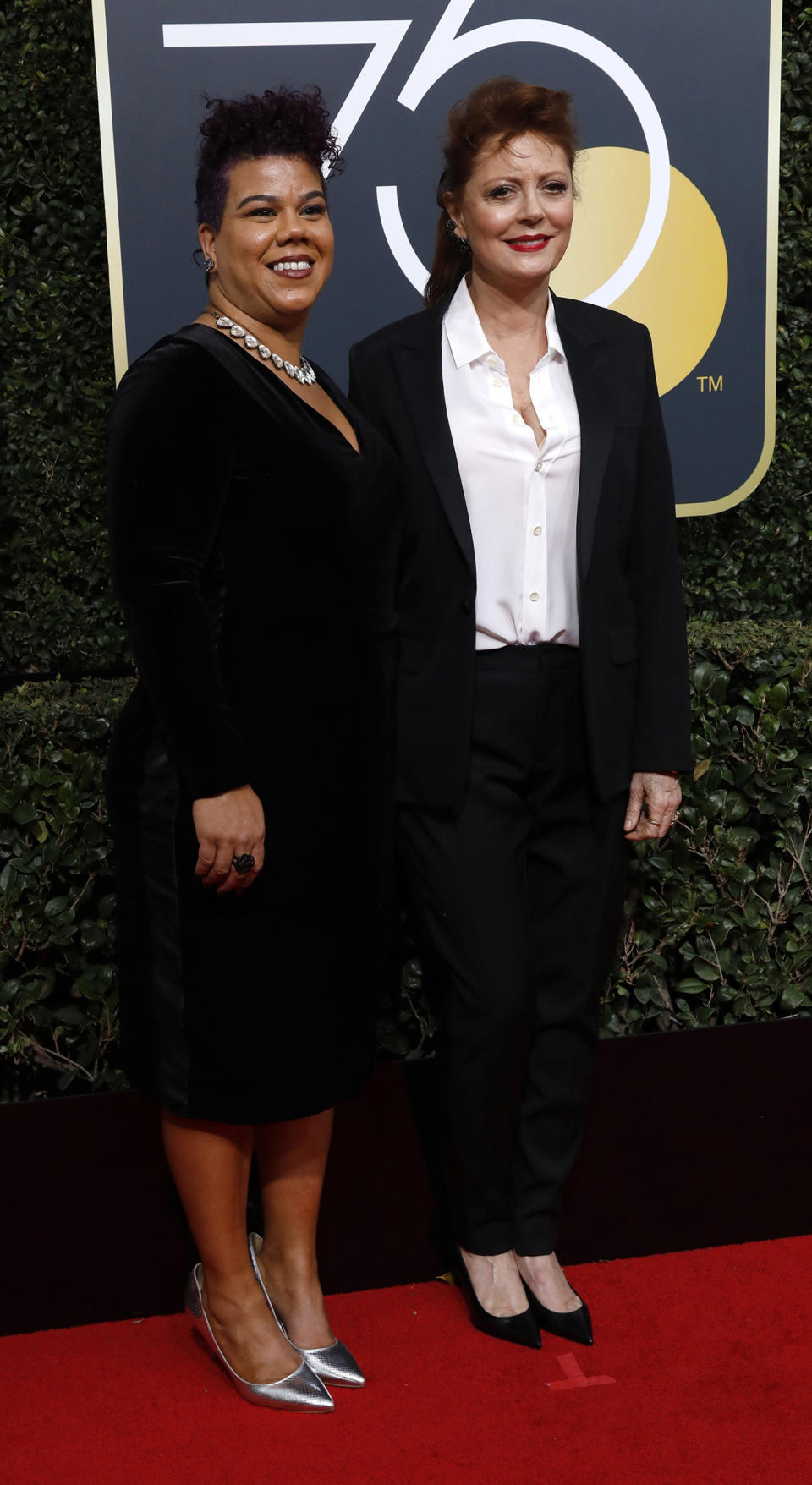 Activist Rosa Clemente and actress Susan Sarandon at the 75th annual Golden Globes, Beverly Hills, Calif, Jan. 7, 2018.