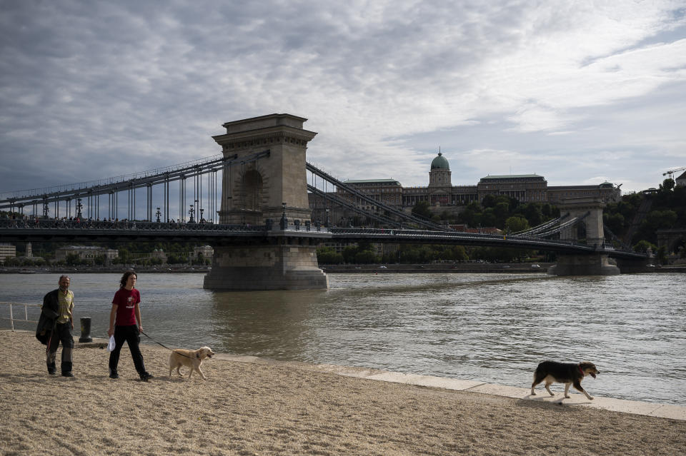 People walk their dogs in Budapest's centre, with the newly renovated Chain Bridge and Buda Castle in the background on Wednesday, Aug. 9, 2023. Budapest hosts the World Athletics Championships from 19-27 August 2023. (AP Photo/Denes Erdos)