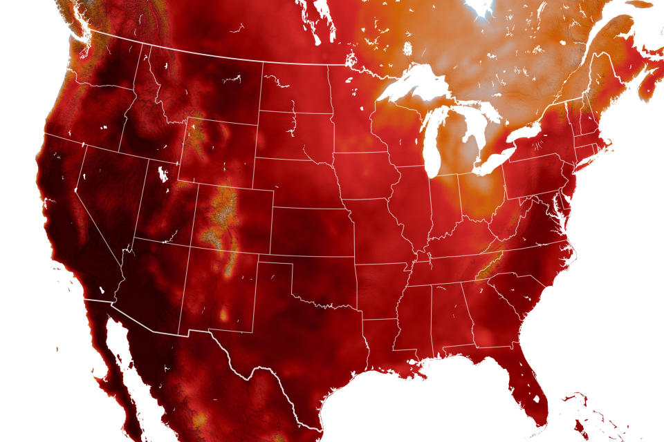 A NASA map which uses satellite images and the Goddard Earth Observing System model to show temperature highs across the U.S. on July 10, 2024. Dark red corresponds to temperatures above 104 degrees Fahrenheit.  / Credit: NASA Earth Observatory images