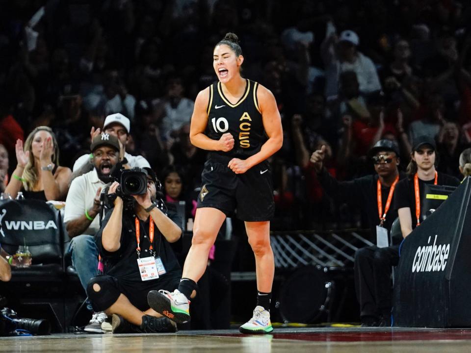 Kelsey Plum celebrates during Game 2 of the 2022 WNBA Finals.