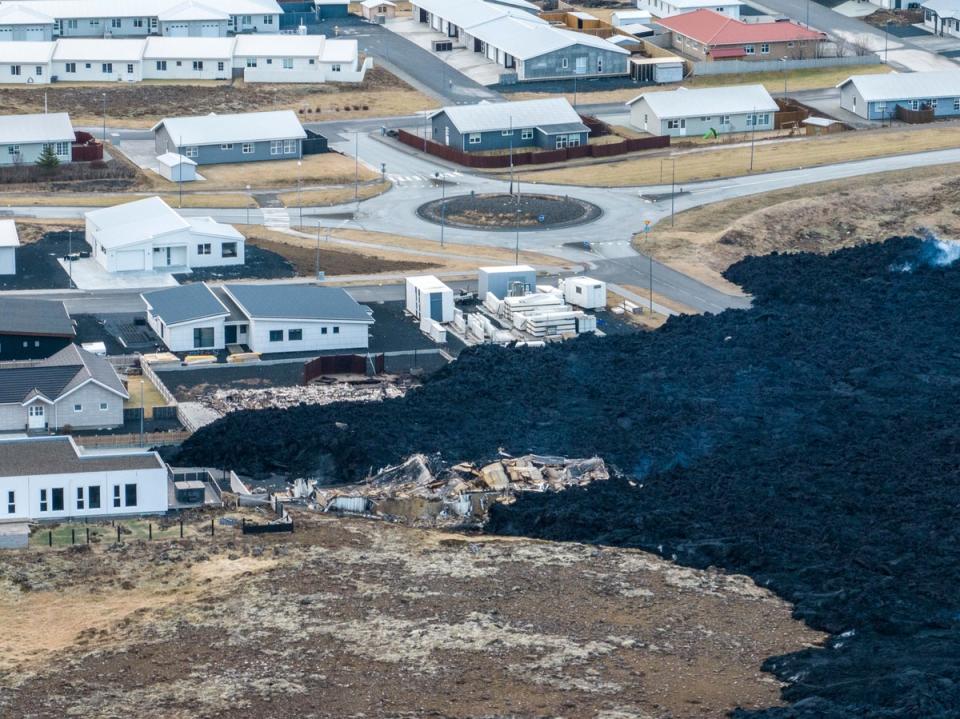 An  areal view showing the damage of the lava flow in the town of Grindavik (AP)