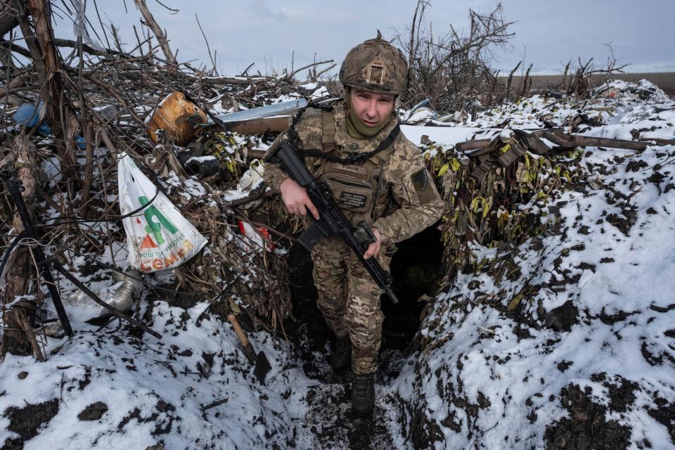 Picture from February 2024 shows a Ukrainian soldier taking his position on the frontline near Klishchiivka the Donetsk region ((Iryna Rybakova via AP))