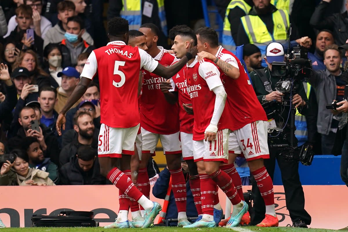 Arsenal’s Gabriel celebrates scoring the winning goal at Chelsea (John Walton/PA) (PA Wire)