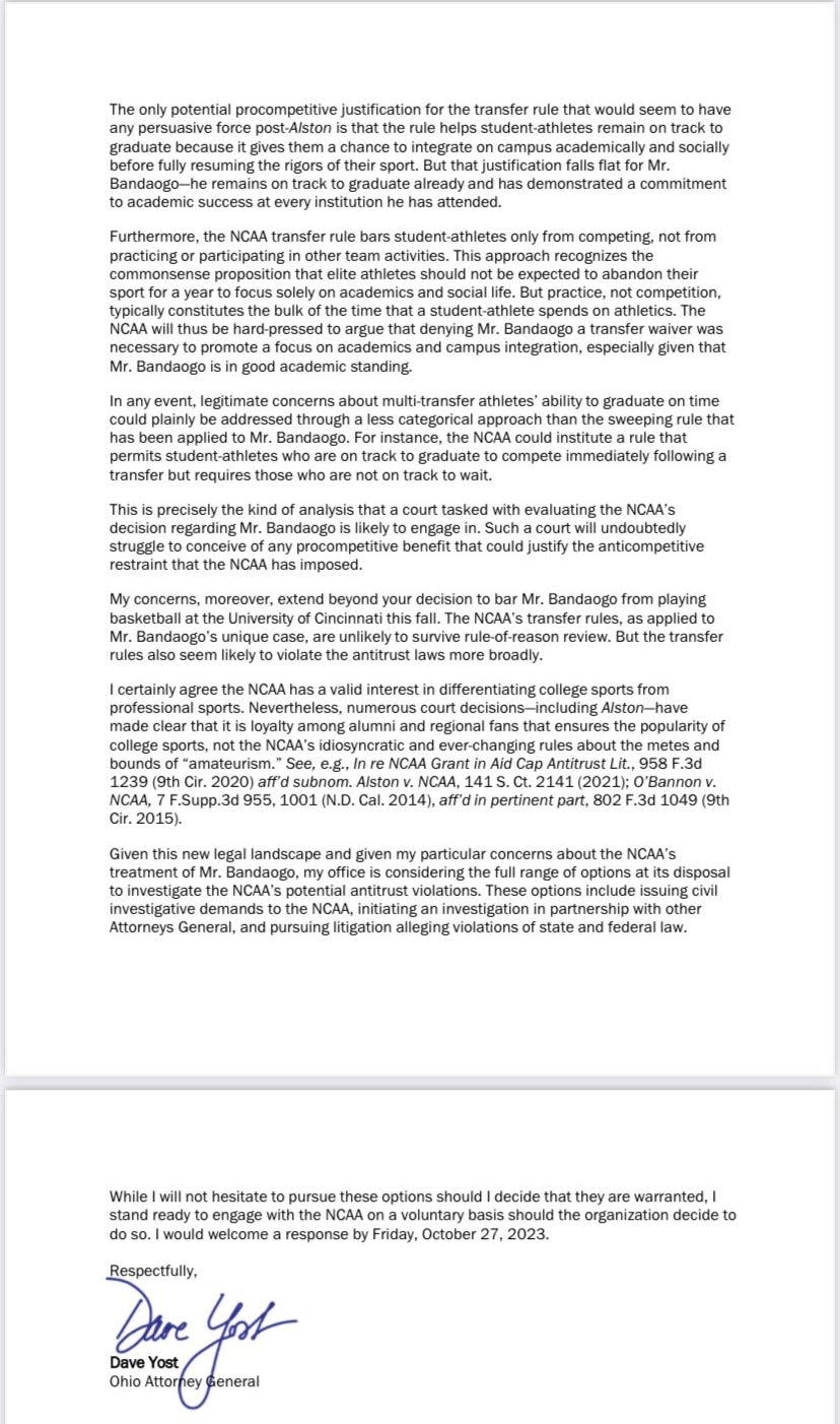 The four-page letter Ohio Attorney General Dave Yost sent the NCAA in support of University of Cincinnati basketball player Aziz Bandaogo.